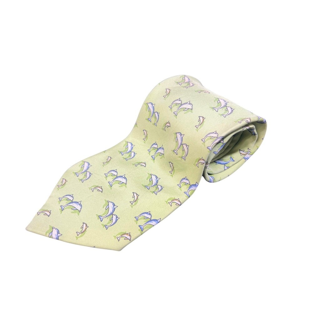 Kai Long Hand Made 100% Silk Men's Tie Dolphin Print Light Green‎